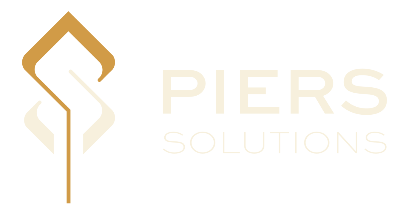 Logo Rechteckig Creme kein Hintergrund Piers Solutions Logo: Schriftzug mit Grafik (2 P gegenläufig, bilden ein S in Gold und Creme)